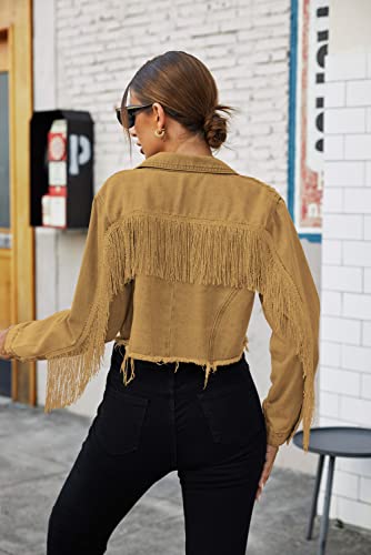 Hotloox Women's Fringe Jacket Cropped Denim Jacket Distressed Tassel Jean Jackets With Pockets Light Coffee L #TOP1