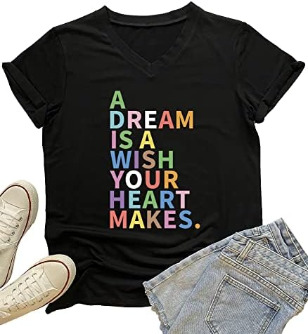 MIMOORN Womens V Neck A Dream is A Wish Your Heart Makes Shirt Funny Letter Print T Shirt Casual Short Sleeve Tees Tops Black Large