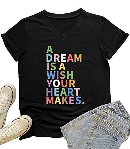 Mimoorn Womens V Neck A Dream Is A Wish Your Heart Makes Shirt Funny Letter Print T Shirt Casual Short Sleeve Tees Tops Black Large #TOP2