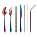 Stainless Steel Flatware Set Reusable Cutlery Set Travel Utensils Set with Straws for Camping Office or School Lunch,Dishwasher Safe,Set of 7 (Rainbow)