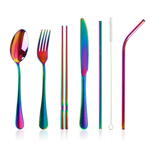 Stainless Steel Flatware Set Reusable Cutlery Set Travel Utensils Set with Straws