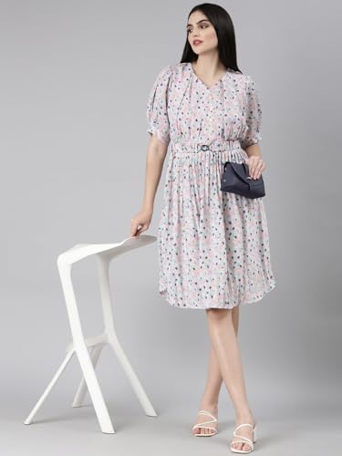 Image of SHOWOFFFF Women Printed Fit and Flare Casual Dress | Sweetheart Neck 3 /4th Sleeves Cotton Dress for Womens | Knee Length Dress for Women's