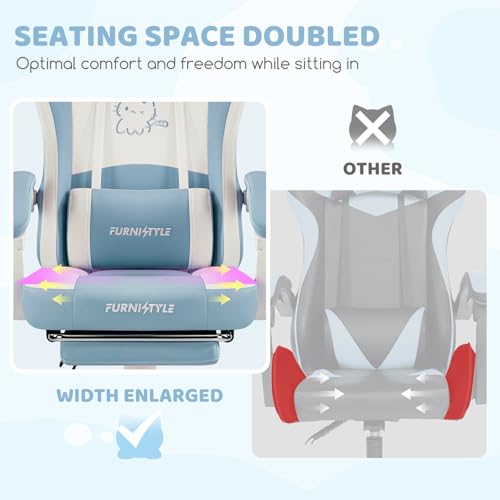 Image of Gaming Chairs, Comfy Video Game Chair for Adults with Cat Ears Pocket Spring Cushion Massage Lumbar Support & Headrest, Ringing Accessories Cute Leather Ergonomic Computer Chair for Girls, Blue /White