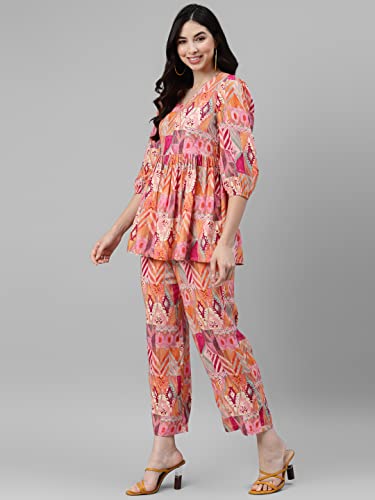 Image of DEEBACO Women's Rayon Peplum Top & Straight Pants Co-Ord Set for Women|Flared Tunic V-Neck & 3 /4 Puff Sleeve Ladies Party Casual Wear Fashionable for Girls Relaxed Fit Cord Set
