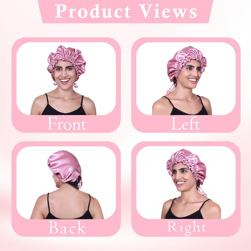 Image of GLUN Hair Protector Bonnet Cap with 3 Scrunchies Combo, Pack of 1 Rose Pink Colour, Prevents Hair Breakage, Frizz Control and Moisture Retention, Ideal for Curly & Natural Hair