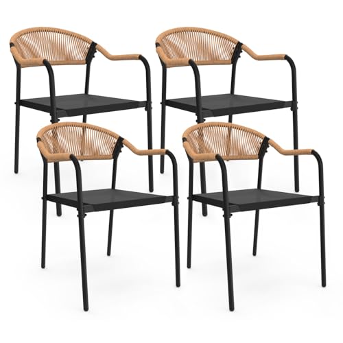 IDMarket - Lot de 4 chaises de Jardin Madeira métal, Cordage et textilène Noir et rotin Clair