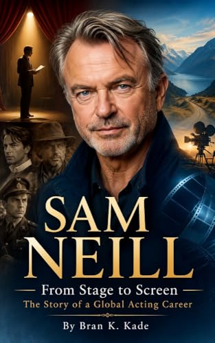 Capa do livro Sam Neill: From Stage to Screen com foto do ator em destaque e colagem de cenas de seus filmes ao fundo
