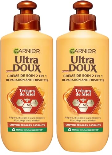 Garnier Ultra Doux Trésors de Miel pour Cheveux Fragiles & Cassants - Crème de Soin 2-en-1 Réparation Anti-Frisottis - Au Miel d'Acacia, de Manuka & de Lavande - 200ml - Homme & Femme - 200ml