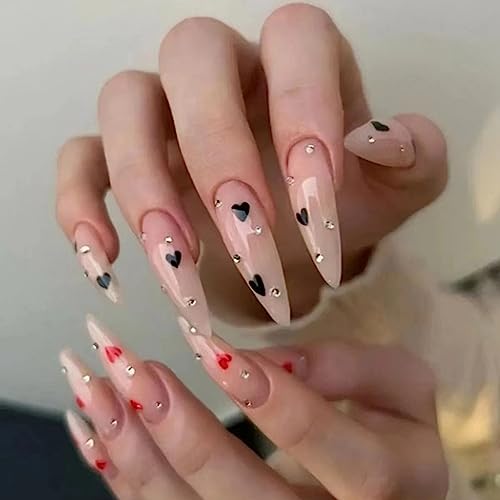 JUSTOTRY 24 Pcs Red and Black Heart Stiletto Fake Nails Long,Nude French Press on Nails Patterns,Diamond Almond Stick on Nail for Women,Acrylic Extra Long False Nail for Nail Art