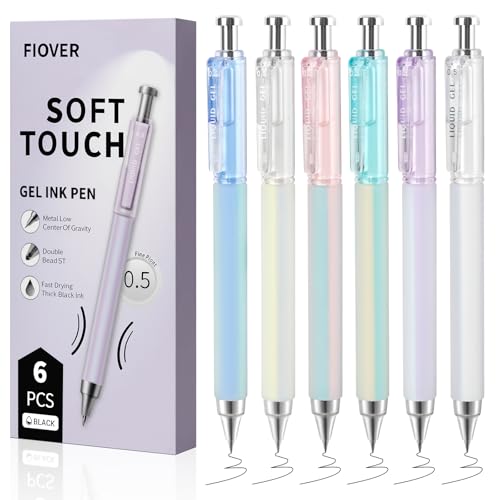 FIOVER Gel Pens, 6 Pcs 0.5mm Quick Dry Black Ink Pens, Fine Point Smooth Writing Pens, Retractable with Silicone Grip, High-End Cute Aesthetic Office School Supplies, Gifts for Women Men (6pcs black)