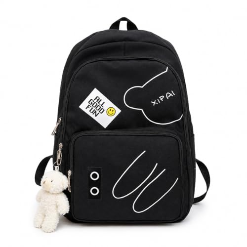 Mochila Escolar Feminina, Preta e Rosa, com Pingente de Urso, Estampa 'All Good Fun' (Preto)