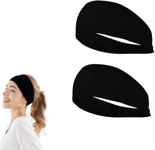 Image of 2PCS Soft Satin Headbands Black 8 * 25CM - Stretchy Wide Sport Headbands for Unisex Fitness, Running, Tennis, Long Hair, Sweat-Wicking, Lightweight, Durable for Workout & Travel (2pcs Black)