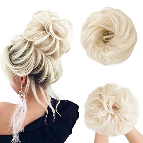 Platinum Blonde Bun Extensions Blonde For Women Grils 1Pc Curly Wave Messy Bun Hair Pieces Tousled Updo Bun Hair Extension Wavy Fibre Hair Bun Hair Piece Hair Piece for Women (Platinum Blonde)