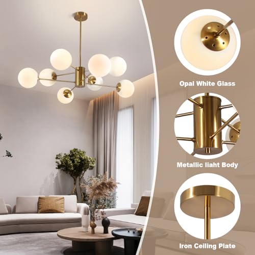 Bektas Chandelier Lighting,8-Light Mid Century Modern Chandelier Gold Chandelier for Dining Room Kitchen Living Room,Bubble Glass Pendant Light Fixtures(Gold+White) by Bektas - Image 3