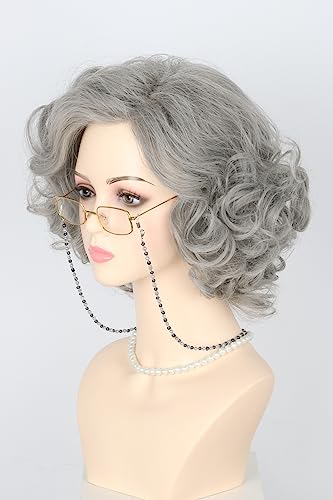 LeMarnia 5Piece Old Lady Costume Wig Grey Short Curly Layered Wig for Cosplay Party Halloween Costume - Image 2