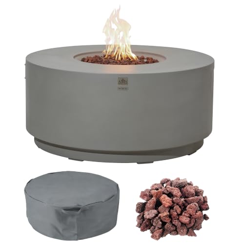 Image of AMS Round Concrete GFRC Propane Gas Fire Pit Table (Light Gray)