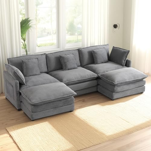 LINKHOO 112.6" Oversized Modular U-Shape Sectional Sofa with 2 Ottoman, Corduroy Upholstered Cloud Deep Seat Couch w/Side Storage Pockets, Modern Sleeper Couches for Living Room, Office, Dark Grey
