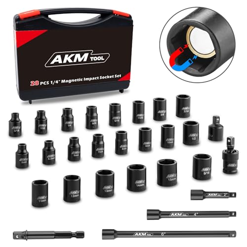 Image of 1 /4 Inch Drive Magnetic Impact Socket Set, 28-Piece SAE /Metric, 1 /4 Inch-9 /16 Inch, 5mm-15mm, 6 Point, Cr-Mo, Square Drive, with Impact Socket Adapter, Universal Joint & Extension