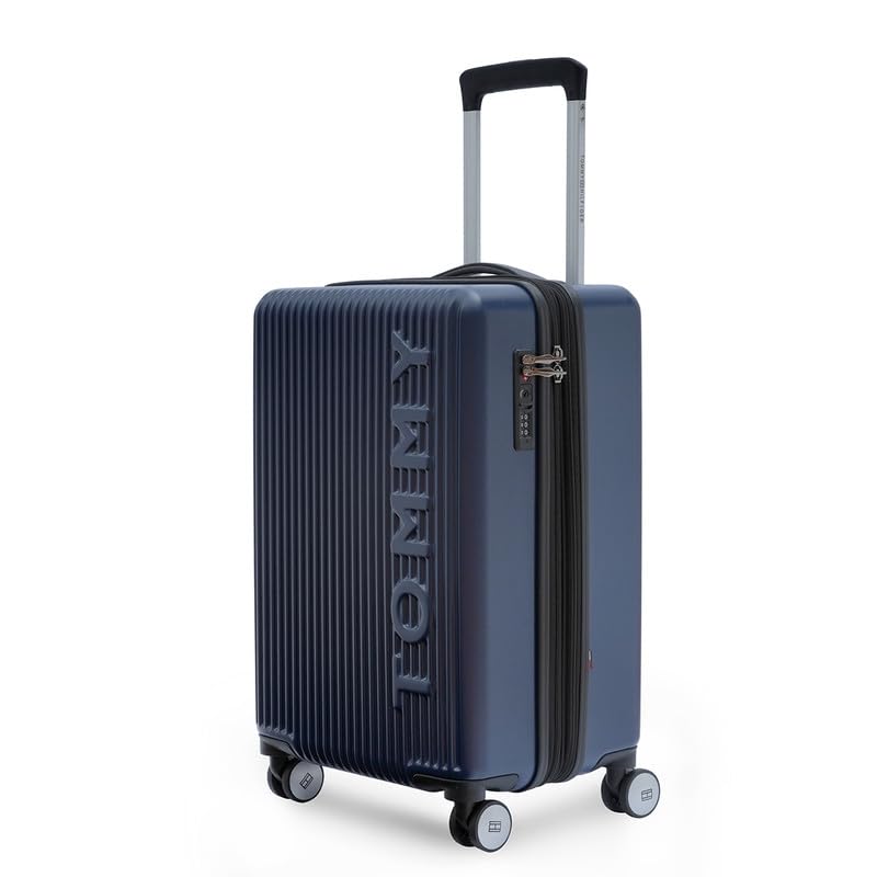 Image of Tommy Hilfiger Polycarbonate Double 8 Spinner Wheels Hard Shell Luggage Trolley, Navy Blue, Empire Plus, 35L | Big Suitcase for Travel, Travelling Luggage, Small, 57 Cm