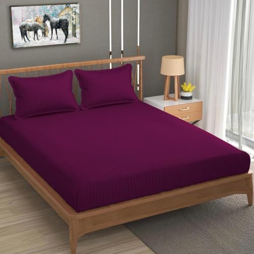 Image of Double Bedsheet Set with Pillow Covers | 200 TC Stripe Glace Cotton Bedding | Soft, Breathable & Durable Double Bed Sheet | Elegant Wine Striped Design
