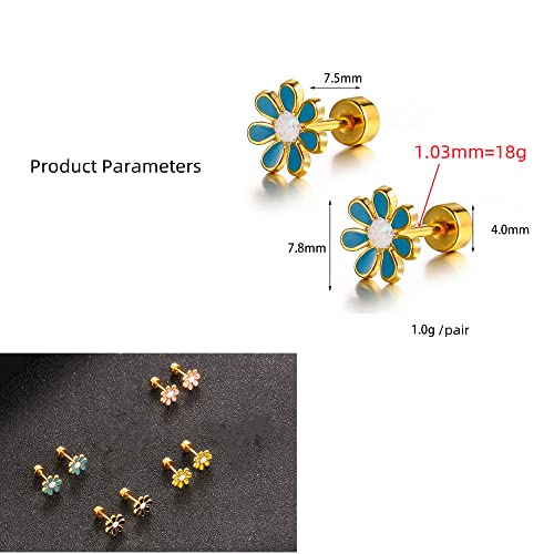 18G Cute Daisy Flower Stud Cartilage Earrings for Women Girls 14K Gold Plated Stainless Steel Enameled Dainty Screw Back Studs Sleeper Tragus Post Hypoallergenic Piercing Body Jewelry 6