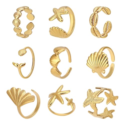 9pcs Bagues d'Étoile Mer Coquillage, Ensemble de Bagues à Ouverture Ajustable Sur Le Thème de l'Océan Bijoux Délicats Plage pour Femme au Quotidien...