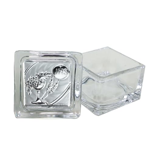 DLM-A525 Bomboniere 6 scatoline porta confetti portagioie in vetro brillante come il cristallo cm 5x5x5 con calice comunione per bambino o bambina