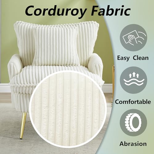 Sillón Corduroy Moderno Blanco con Brazos y Patas Doradas miniatura 3