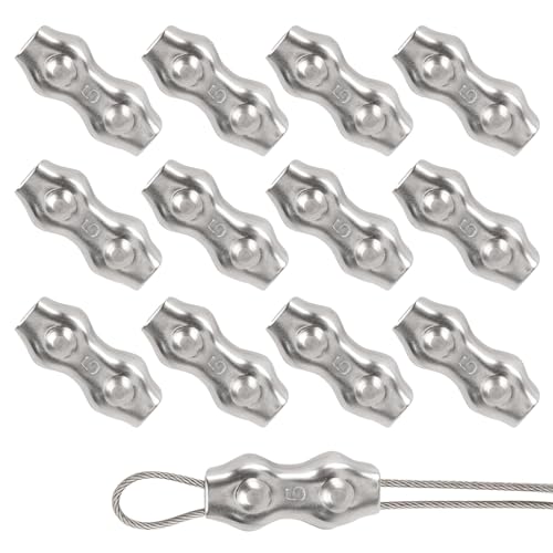 Rybtd Duplex Klemme 12 Stück Seilklemme 304 Edelstahl Drahtseile Clip,M5 Seilklemmen Drahtseilklemme 5mm für Wäscheleine, Spanner, Markise, feste temporäre Zäune, Windenseile