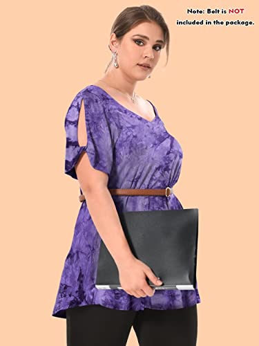 Larace Tie Dye Shirt Womens Business Casual Tops Square Neck Plus Size Tunics Short Sleeve Summer Clothes Knotted Blouses(B-Purple 3X) #TOP1