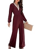 Dokotoo Womens Plus Size Red Jumpsuits for Women 2025 Fashion Overalls Loose Casual V Neck Dressy Wide Leg One Piece Long Sleeve Solid Jumpsuit Long Pant Rompers with Pockets XX-Large