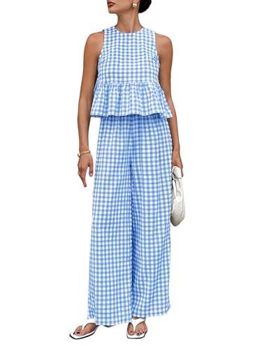 Ensemble débardeur à volants aérien et pantalon large fluide bleu S tenue d'été légère