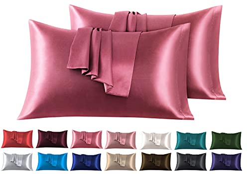 Funda de Almohada Satén 50 x 90 cm, Paquete de 2 Fundas de Almohadas Saten Pelo Rizado Súper Suaves, Fundas con Cierre de sobre, Protege Cabello y Piel, Rosa Oscuro