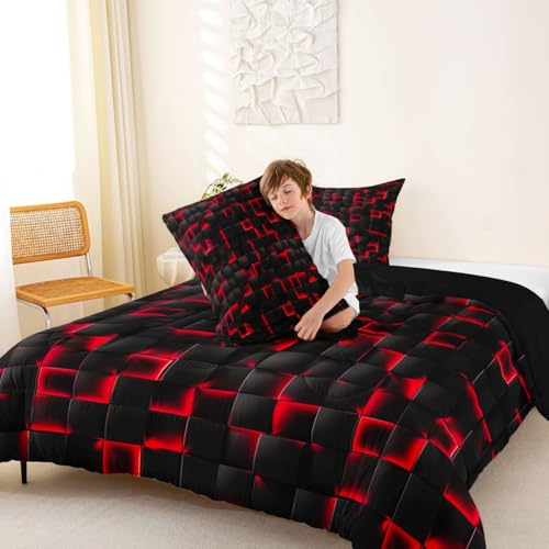 Image of Erosebridal Boys Red and Black Comforter Set King Geometric Checkered Kids Bedding Set Teen Men Gaming Room Decor,Abstract Ombre Plaid Comforter Grids Quilt Duvet