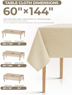Rectangle Linen Farmhouse Tablecloth for 10ft Table (Oblong, 60 x 144 Inch (12-14 Seats), Beige)