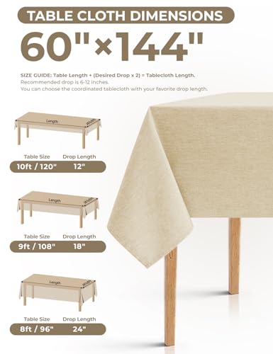 Rectangle Linen Farmhouse Tablecloth for 10ft Table (Oblong, 60 x 144 Inch (12-14 Seats), Beige)