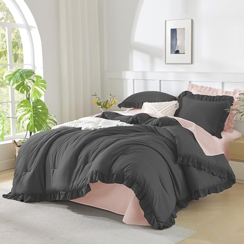 Andency Queen Comforter Set Dark Gray, 3 Pieces Boho Lightweight Summer Solid Bedding Comforters & Sets, Double Women Men Grey Ruffle Farmhouse Bed Set (90x90In Comforter & 2 Pillowcases)