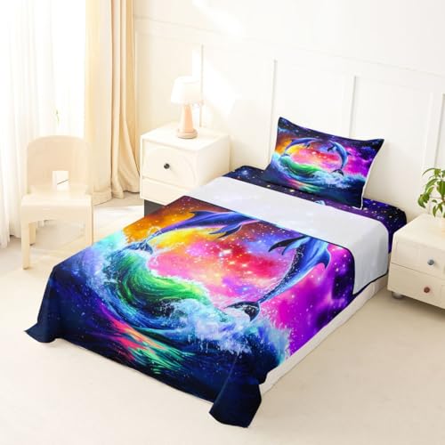 Image of jejeloiu Dolphin Bed Sheets Set Queen Size Tropical Ocean Bed Set Sea World Deep Pocket Fitted Sheet Summer Breathable Soft Lightweight Microfiber