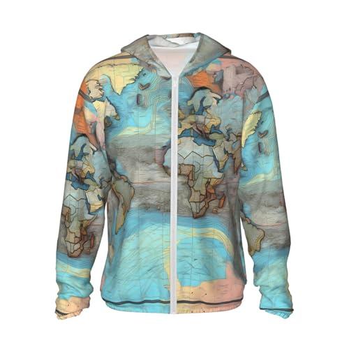 CNTDBU Sudadera con capucha con diseño de mapa del mundo de dibujos animados, ligera, transpirable, para hombres y mujeres, chaqueta UV para senderismo, correr, viajes, Negro, Altoa única