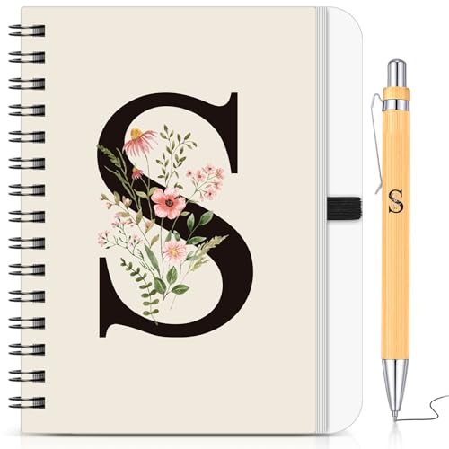 BBTO Personalized Initial S Spiral Notebook and Pen Set for Women School Leaver Gifts Floral B6 Notebook with Bamboo Pen for Graduates Teacher Colleague Employee Appreciation New Job Congrats Gift