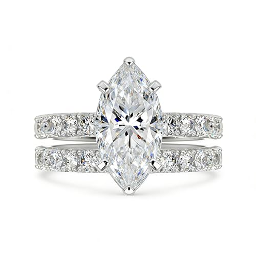 Image of YDD S925 9ct 14ct 18ct Solid Gold Moissanite Engagement Ring Sets for Women, 1-3 CT Center Marquise Cut Customized Bridal Rings Set for Her Wife Girlfriend Wedding Anniversary Free Engraving