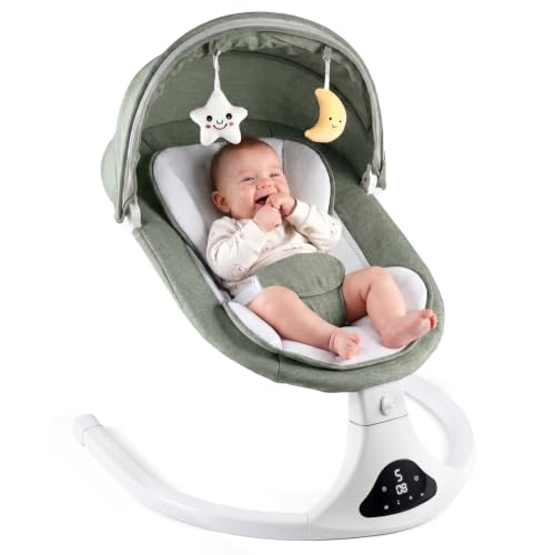 Electric Baby Swing with Remote Control - 5 Natural Motion Speeds Detachable Seat Pad | Portable Infant Swing for Indoor/Outdoor Use (0-12M 20lbs)(Green)