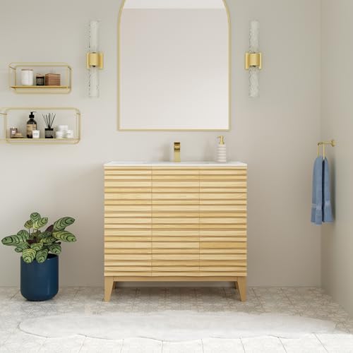 Image of Swiss Madison Cascade 36 inch Natural Oak Bath Vanity with White Ceramic Sink Top