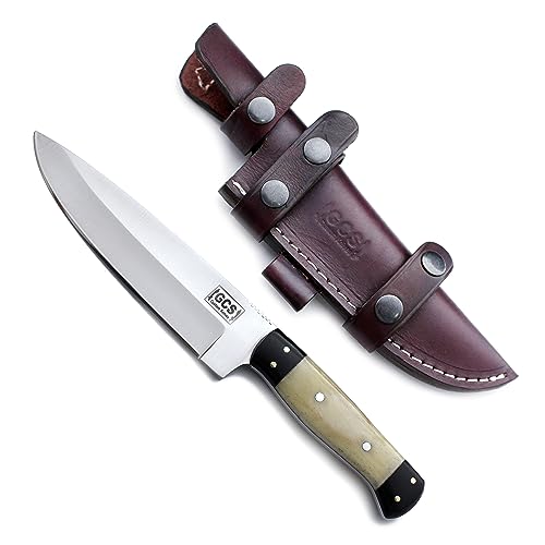 GCS Handmade D2 Tool Steel Bone Handle Hunting Skinning Camping Knife with Brown Leather Right or Left Hand Horizontal Fixed Blade Knife Sheath GCS207