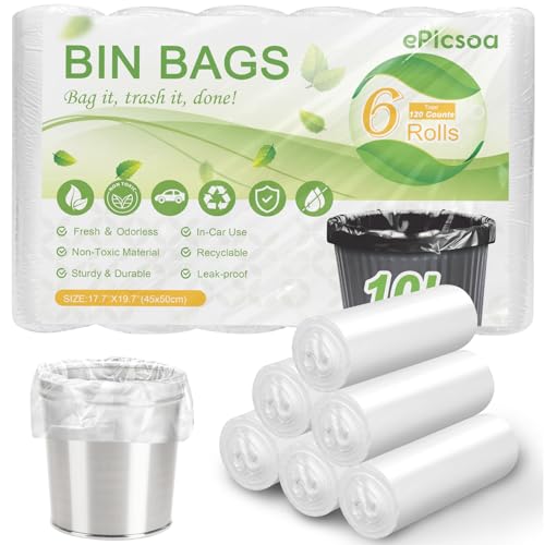 10L Small Bin Bags 120 Counts Bin Liners Small Pedal Bin Bags Mini Pedal Bin Bags Pedal Bin Liners Mini Garbage Bags for Car Office Bathroom Bedroom (White 10L)
