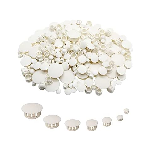 YUFANNET 300 PCS 7 Sizes White Hole Plugs Plastic Flush Type Panel Round Hole Plugs Snap in Locking Hole Tube for Furniture Kitchen Cabinet Insert End Caps (3/16“, 1/4 ”,5/16“,3/8”,1/2“,3/4”,1“) Cover