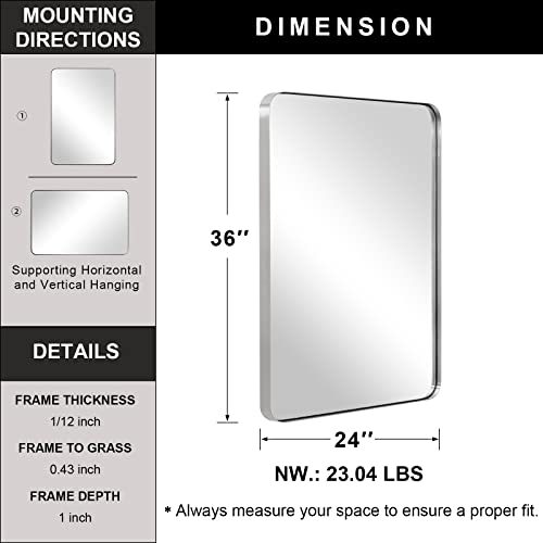 Andy Star Wall Mirror Brushed Nickel For Bathroom, 24X36X1 Rounded Rectangle Mirror With Stainless Steel Silver Metal Frame, Modern Bathroom Vanity Mirror #TOP6
