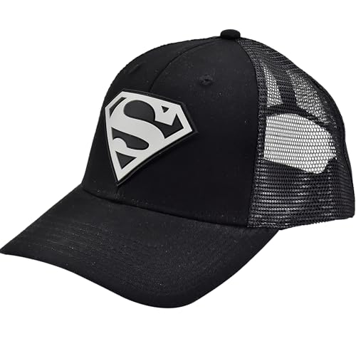 DC Comics Superman Logo Trucker Hat, Adult Adjustable Snapback Baseball Cap with Curved Brim for Men and Women, Black, One Size