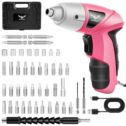 JENABOM Cordless Screwdriver Rechargeable, Electric Screwdriver Cordless 47pcs, USB Small Power Screwdriver Set with LED Light for Women Home Office DIY Tools, Pink