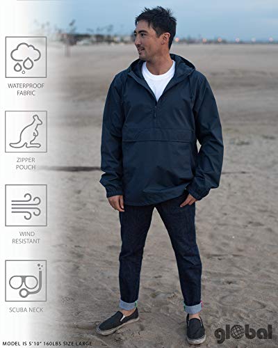 Global Blank Windbreaker Men’s Rain Jacket, Waterproof Hoodie Zip-Up Anorak, Black, Large #TOP3